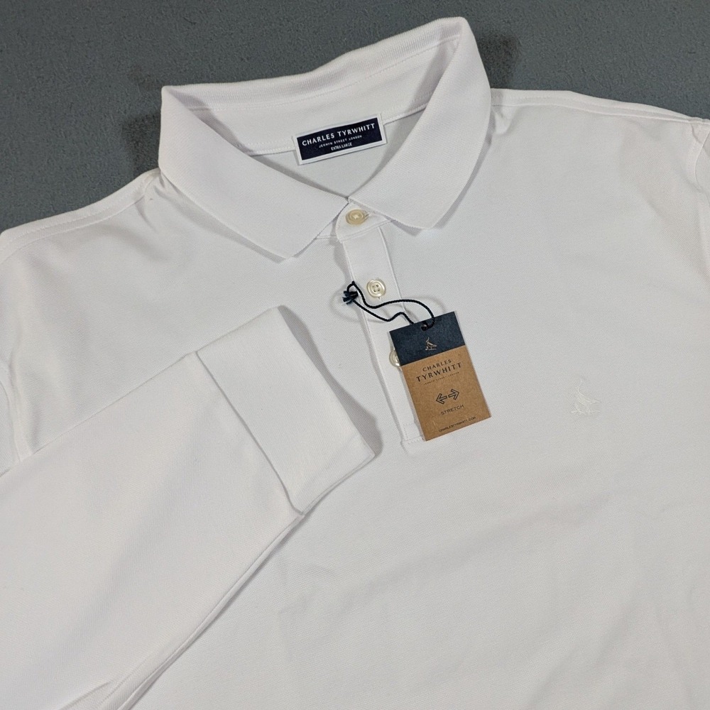 Charles Tyrwhitt Polo Shirt Mens XL White Long Sleeve Pique Stretch